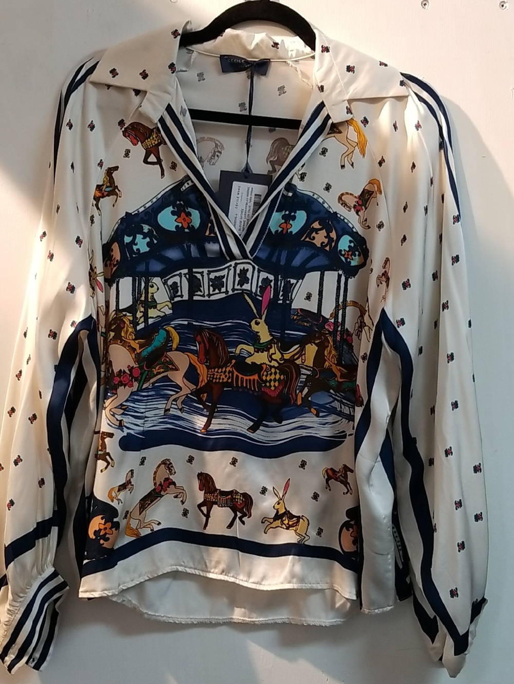 Silk-Feel Carousel Print Blouse - Ivory & Navy